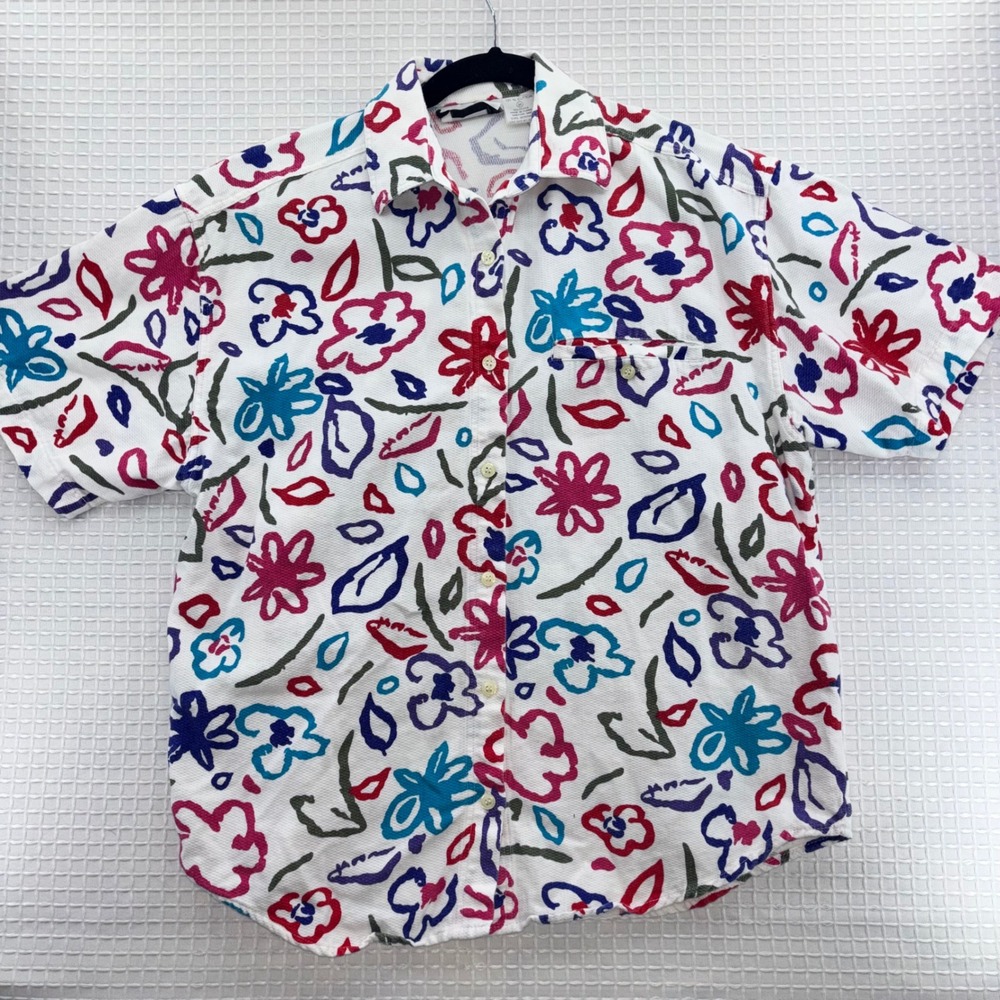 Vintage Ilio Artistic Floral Camp Shirt Multicolor Flowers Cotton Short Sleeve M
